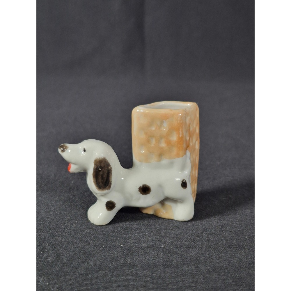 Vintage Japan Porcelain Dog Figurine Toothpick Holder Miniature Spotted Hound